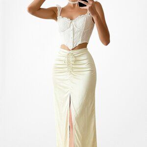 Zara Yellow Satin Pleated Tie Front Slit Midi Pencil Bodycon Skirt Size XS